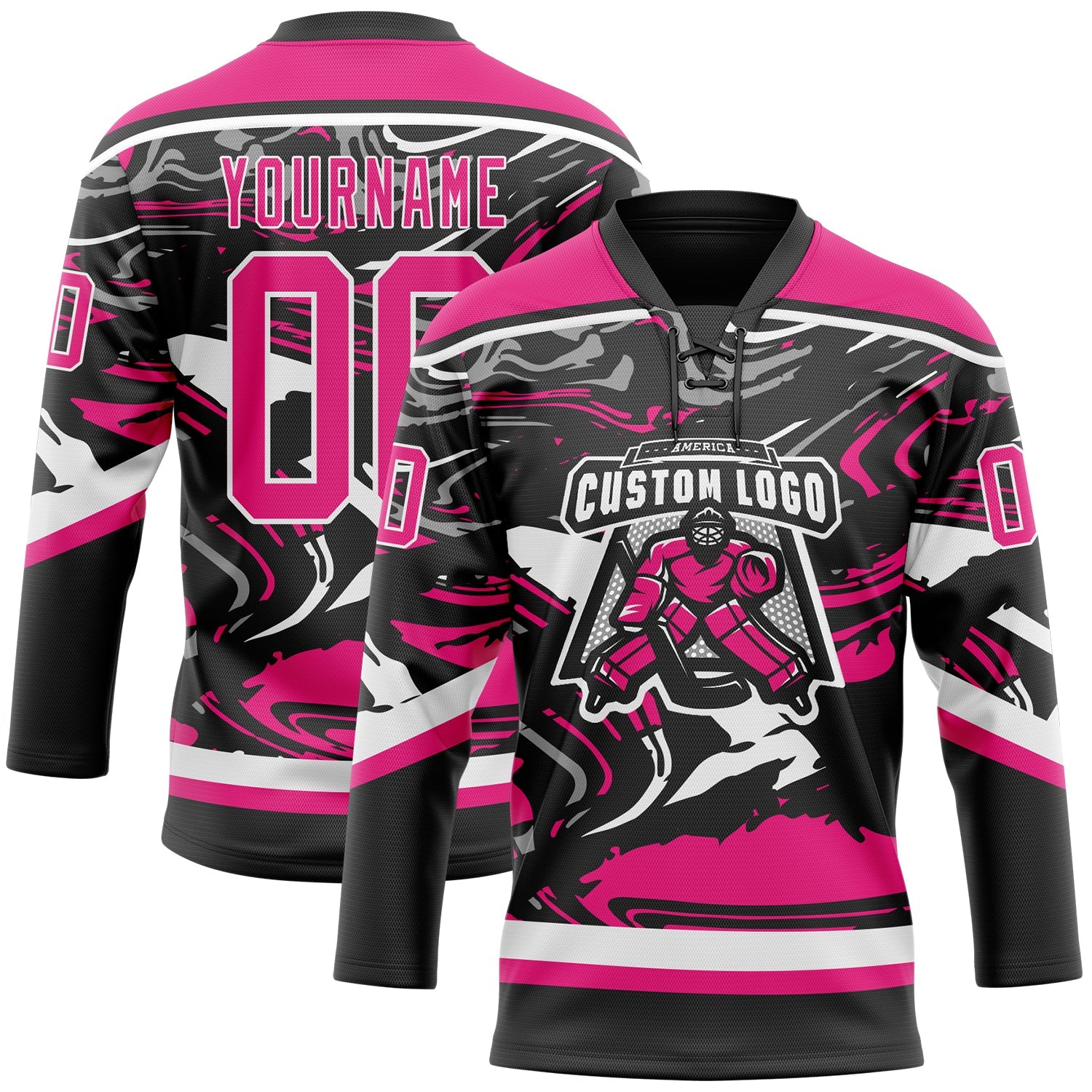 Custom Figure Hot Pink Black-White 3D Pattern Fluid Art Hockey Lace Neck Jersey view 2