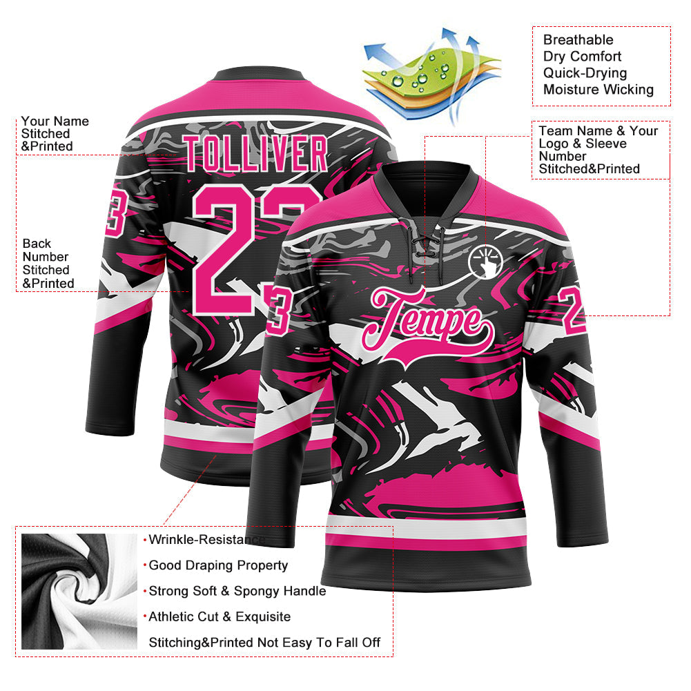 Custom Figure Hot Pink Black-White 3D Pattern Fluid Art Hockey Lace Neck Jersey view 3