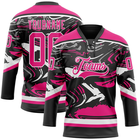 Custom Figure Hot Pink Black-White 3D Pattern Fluid Art Hockey Lace Neck Jersey - Main View