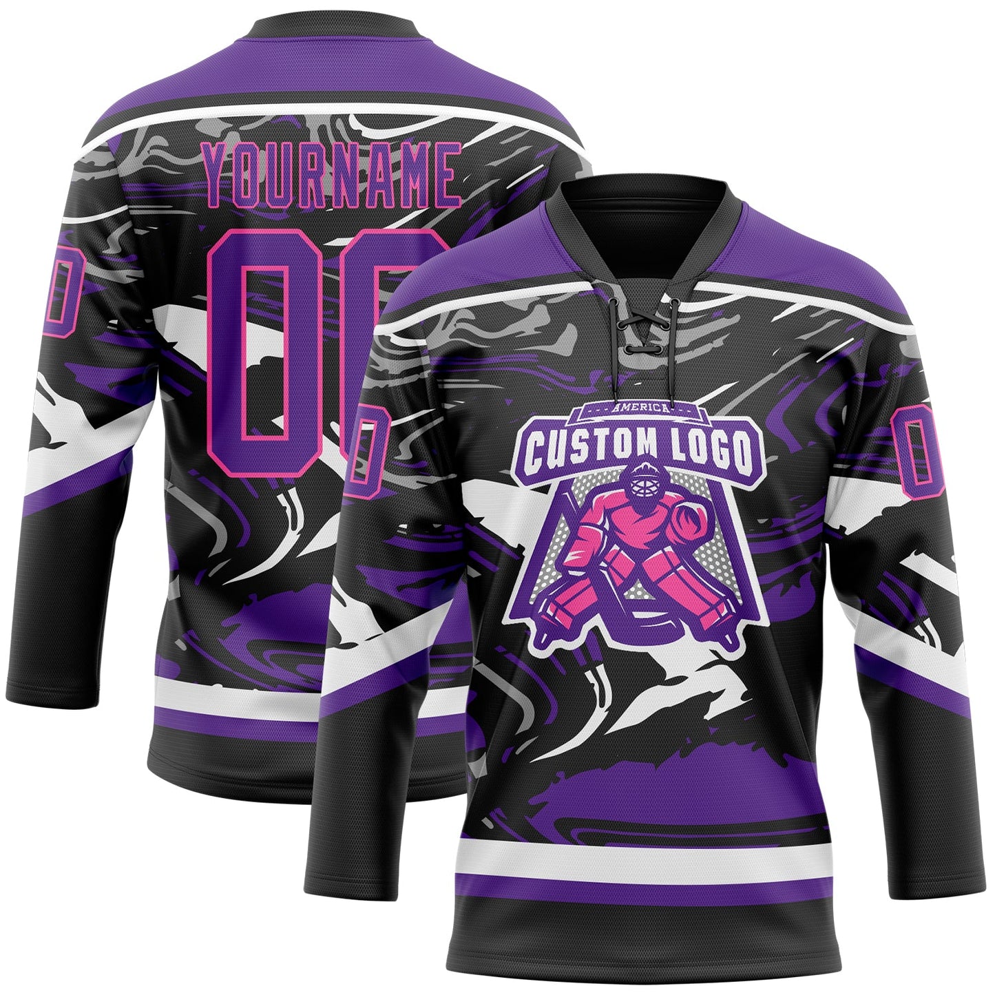 Custom Figure Purple Black Pink-White 3D Pattern Fluid Art Hockey Lace Neck Jersey view 2