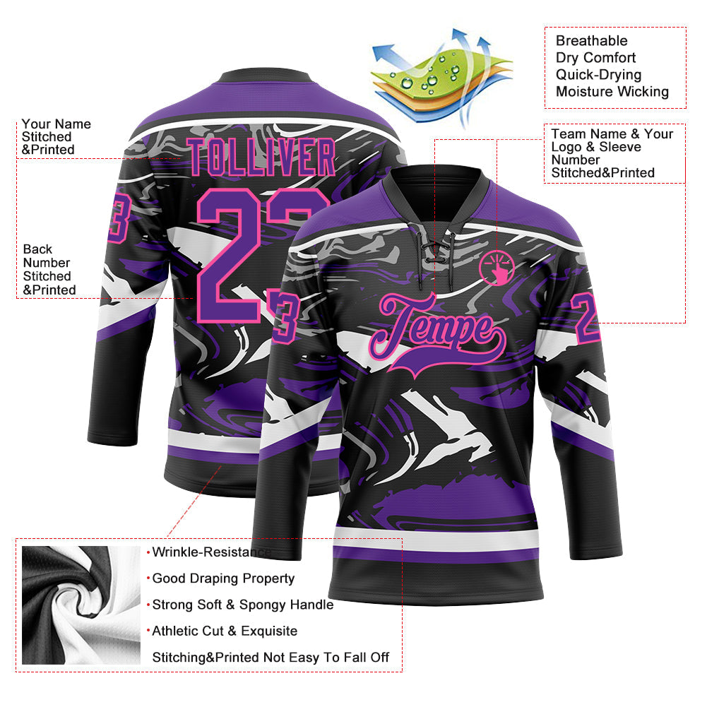 Custom Figure Purple Black Pink-White 3D Pattern Fluid Art Hockey Lace Neck Jersey view 3