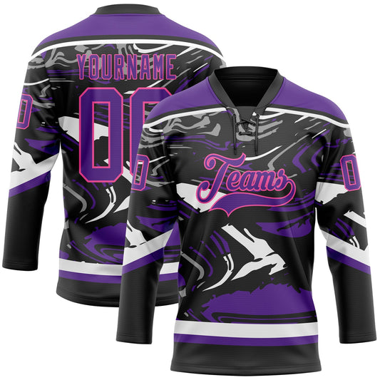 Custom Figure Purple Black Pink-White 3D Pattern Fluid Art Hockey Lace Neck Jersey - Main View