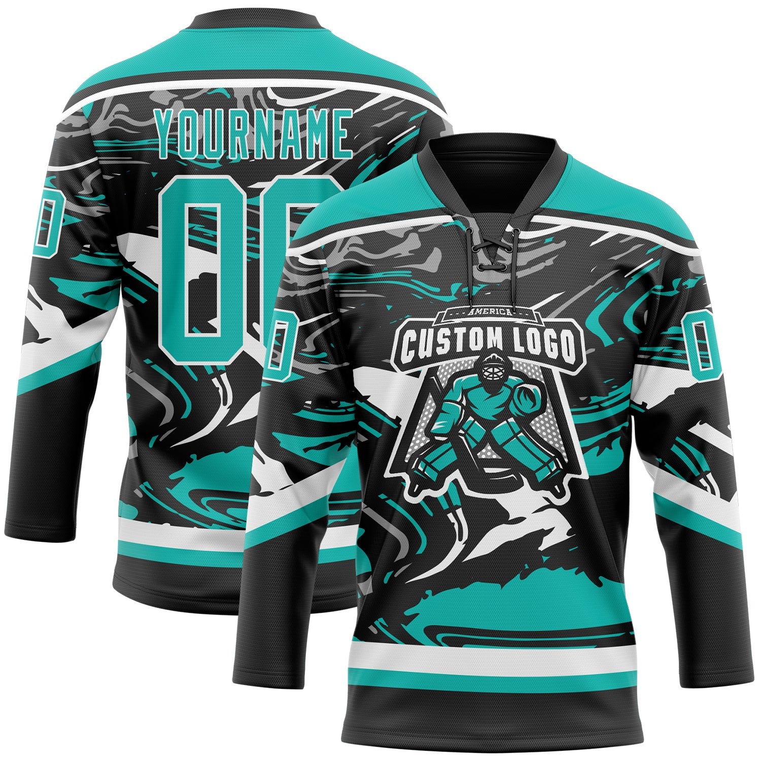Custom Figure Aqua Black-White 3D Pattern Fluid Art Hockey Lace Neck Jersey view 2