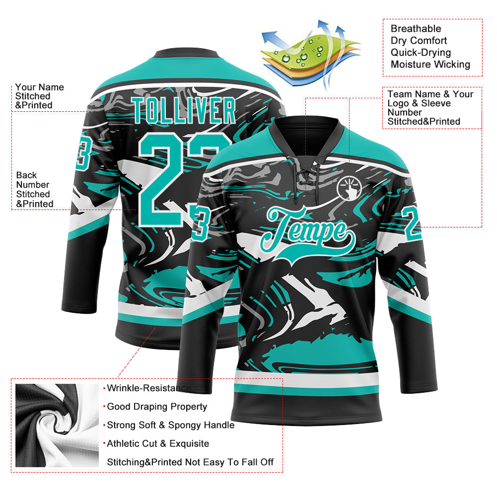 Custom Figure Aqua Black-White 3D Pattern Fluid Art Hockey Lace Neck Jersey view 3