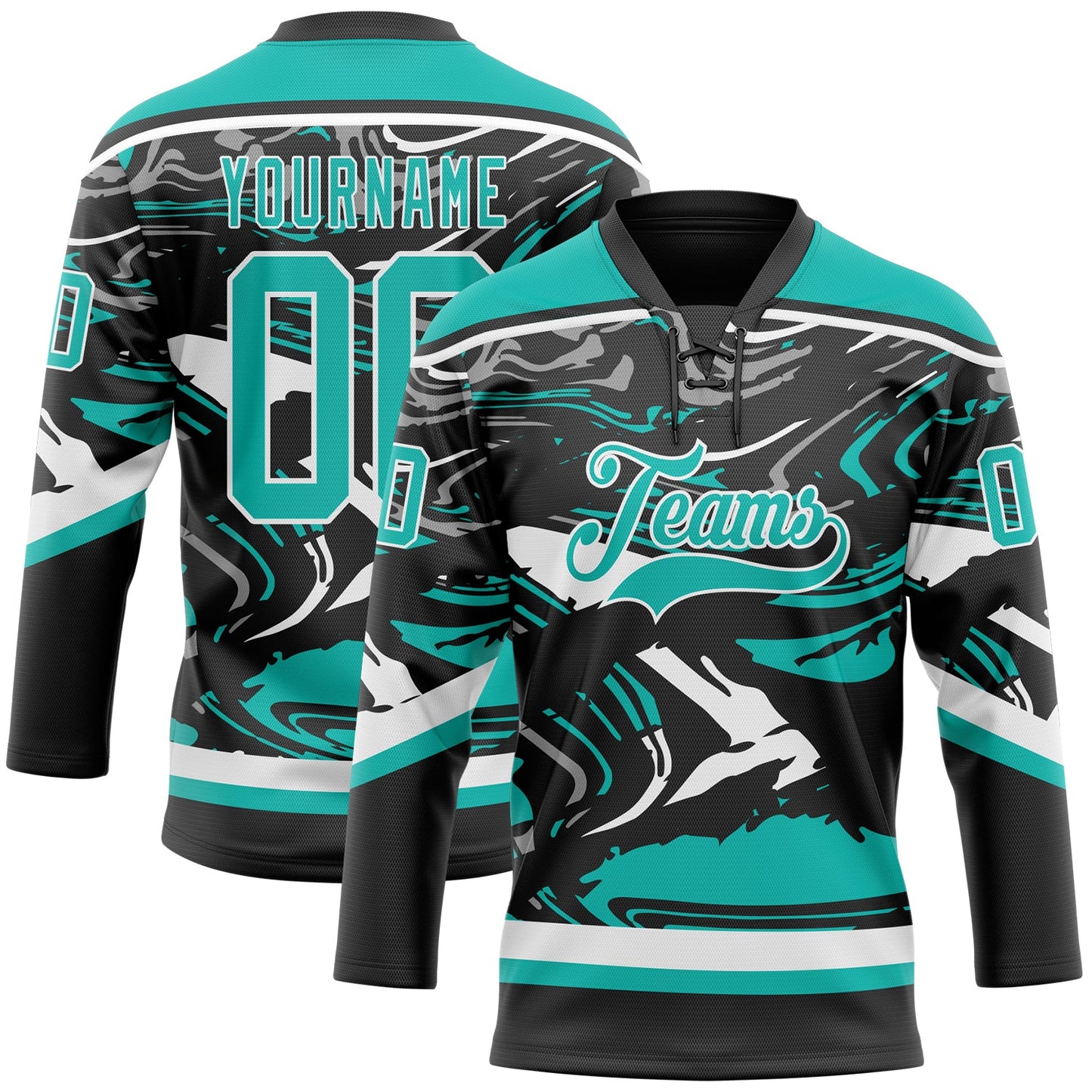 Custom Figure Aqua Black-White 3D Pattern Fluid Art Hockey Lace Neck Jersey - Main View