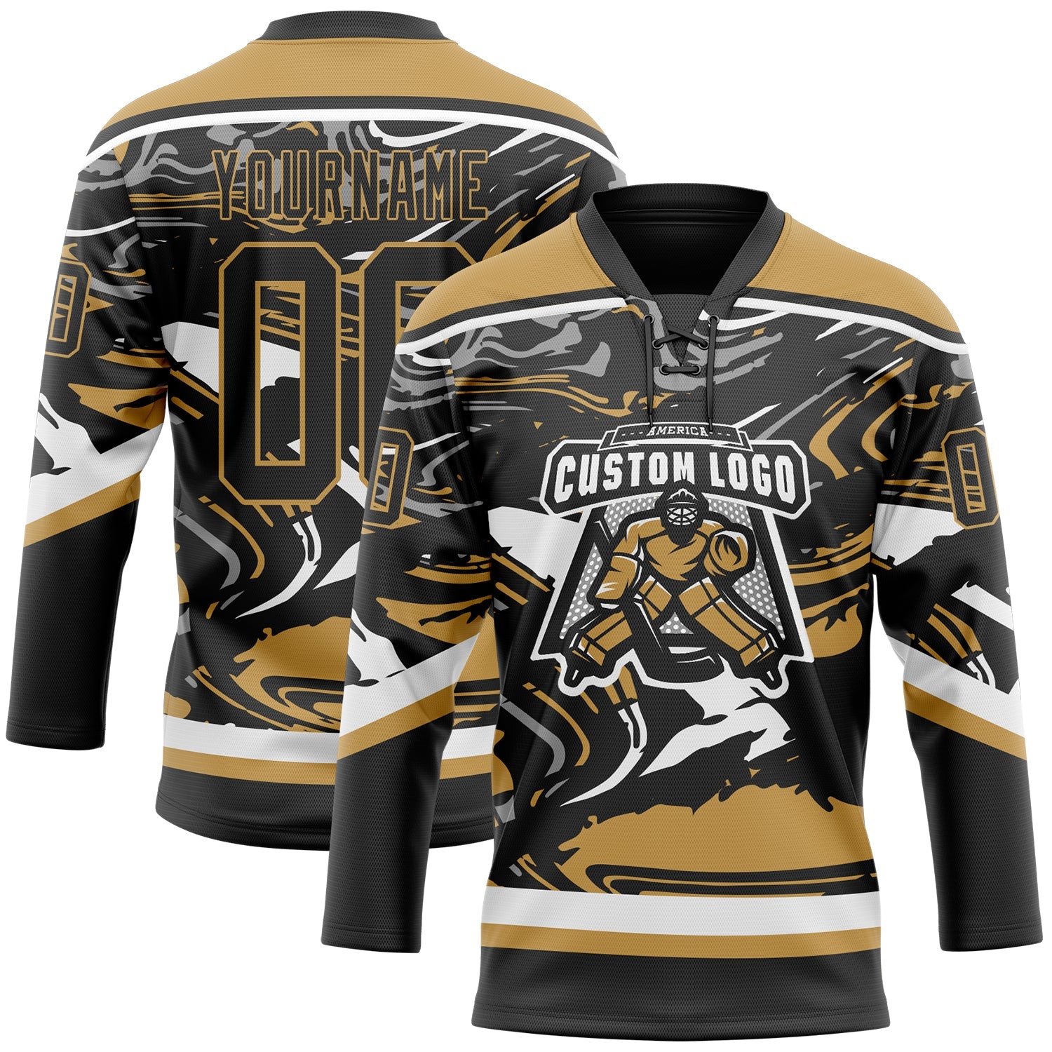 Custom Figure Black Old Gold-White 3D Pattern Fluid Art Hockey Lace Neck Jersey view 2