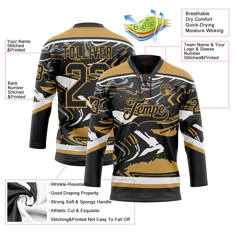 Custom Figure Black Old Gold-White 3D Pattern Fluid Art Hockey Lace Neck Jersey view 3