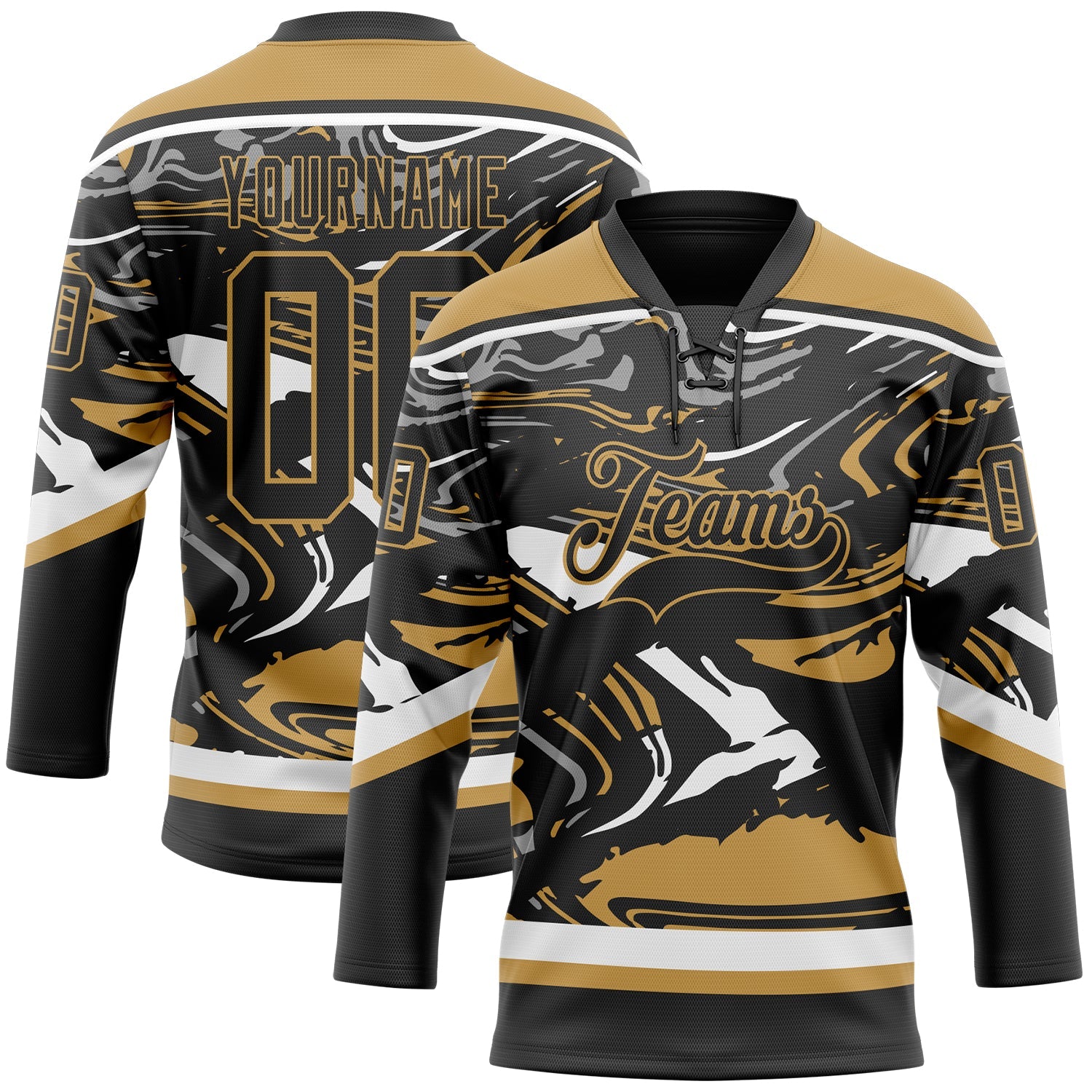 Custom Figure Black Old Gold-White 3D Pattern Fluid Art Hockey Lace Neck Jersey - Main View