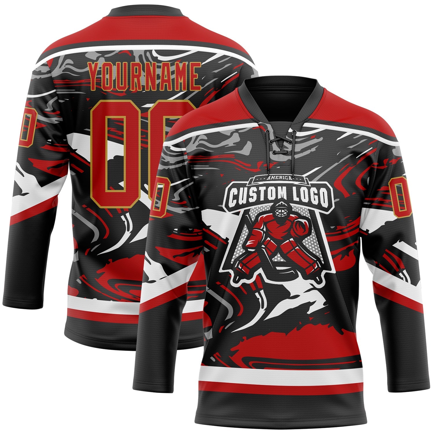 Custom Figure Red Black Old Gold-White 3D Pattern Fluid Art Hockey Lace Neck Jersey view 2