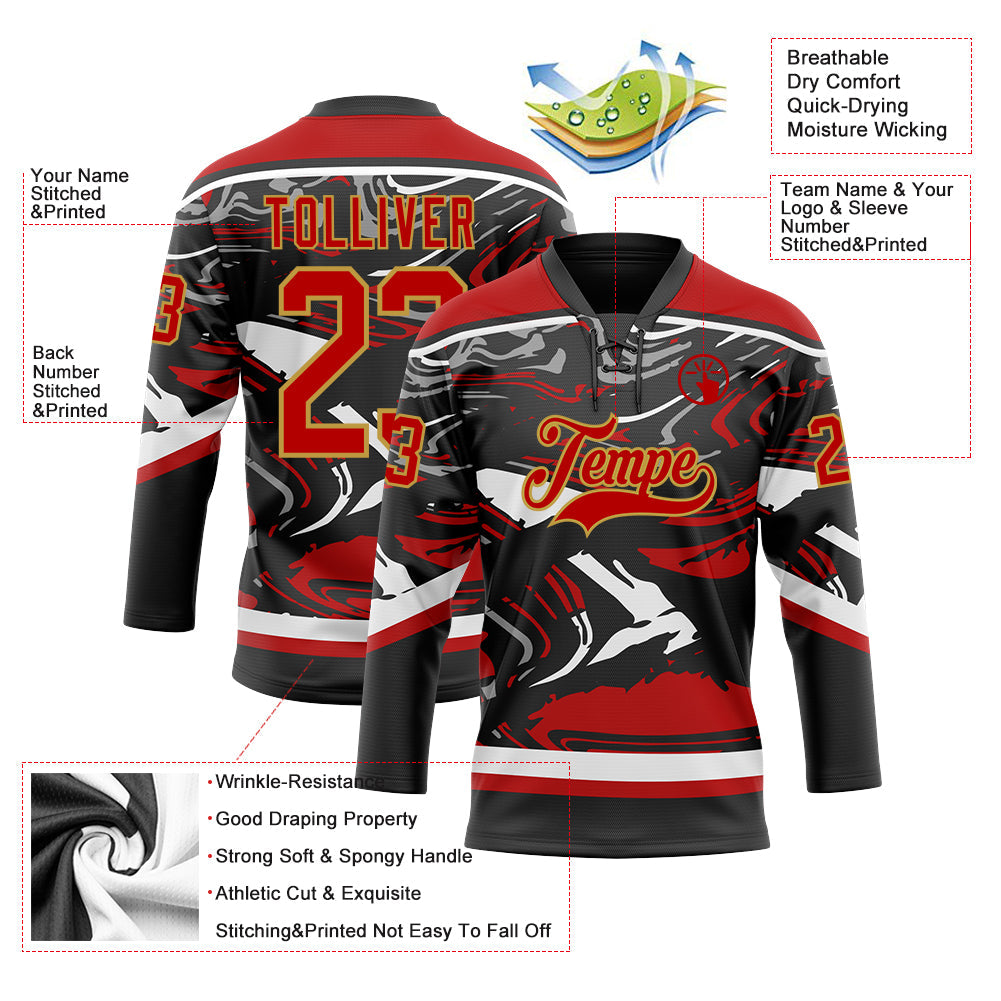 Custom Figure Red Black Old Gold-White 3D Pattern Fluid Art Hockey Lace Neck Jersey view 3