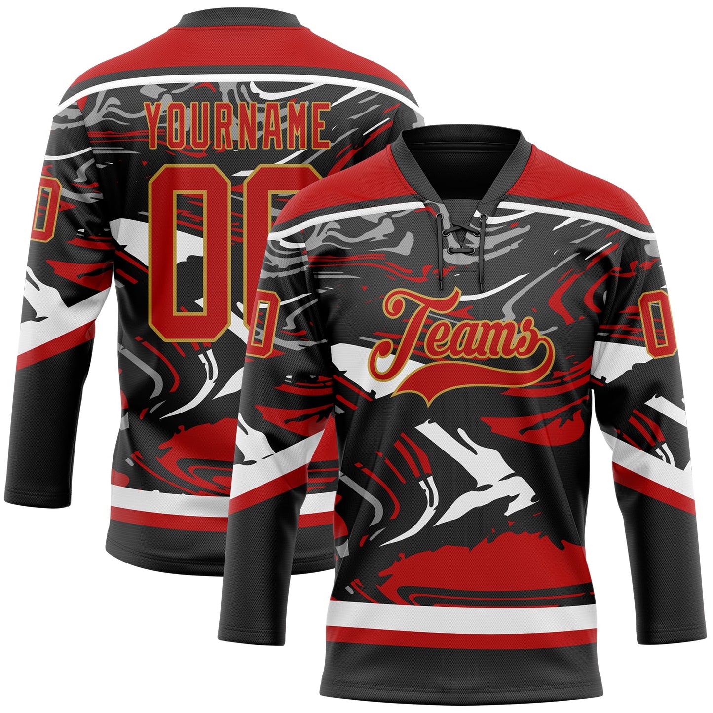 Custom Figure Red Black Old Gold-White 3D Pattern Fluid Art Hockey Lace Neck Jersey - Main View