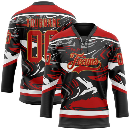 Custom Figure Red Black Old Gold-White 3D Pattern Fluid Art Hockey Lace Neck Jersey - Main View