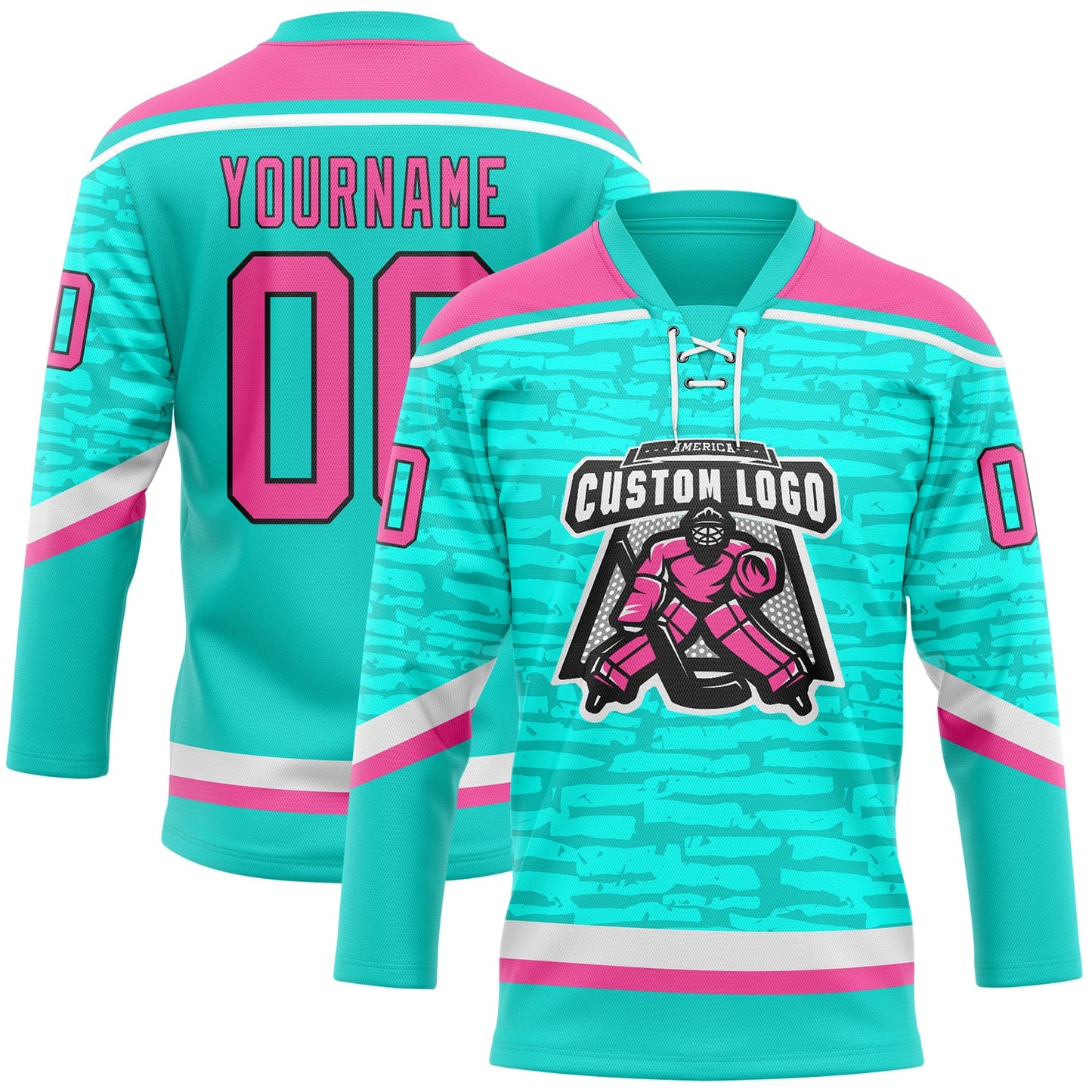 Custom Aqua Pink Black-White 3D Pattern Fragment Art Hockey Lace Neck Jersey view 2