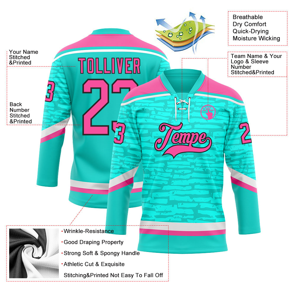 Custom Aqua Pink Black-White 3D Pattern Fragment Art Hockey Lace Neck Jersey view 3
