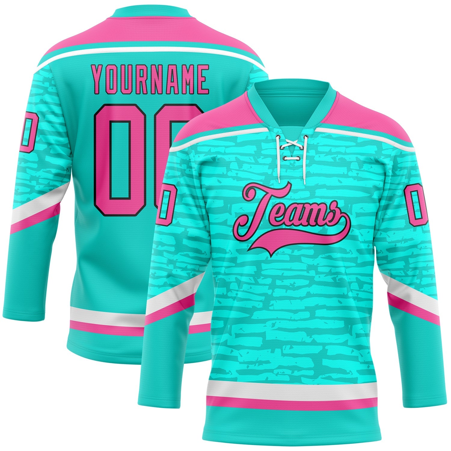 Custom Aqua Pink Black-White 3D Pattern Fragment Art Hockey Lace Neck Jersey - Main View