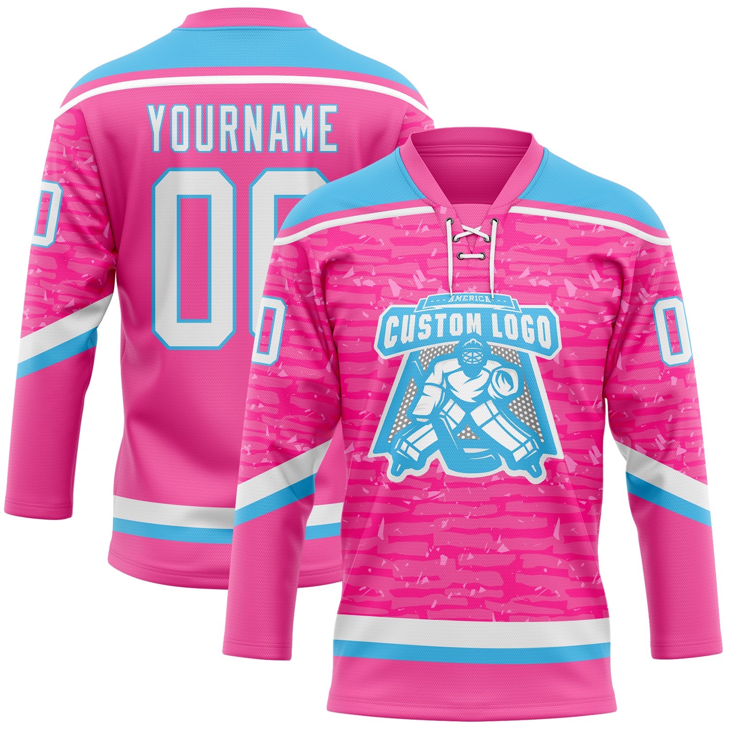 Custom Pink White-Sky Blue 3D Pattern Fragment Art Hockey Lace Neck Jersey view 2