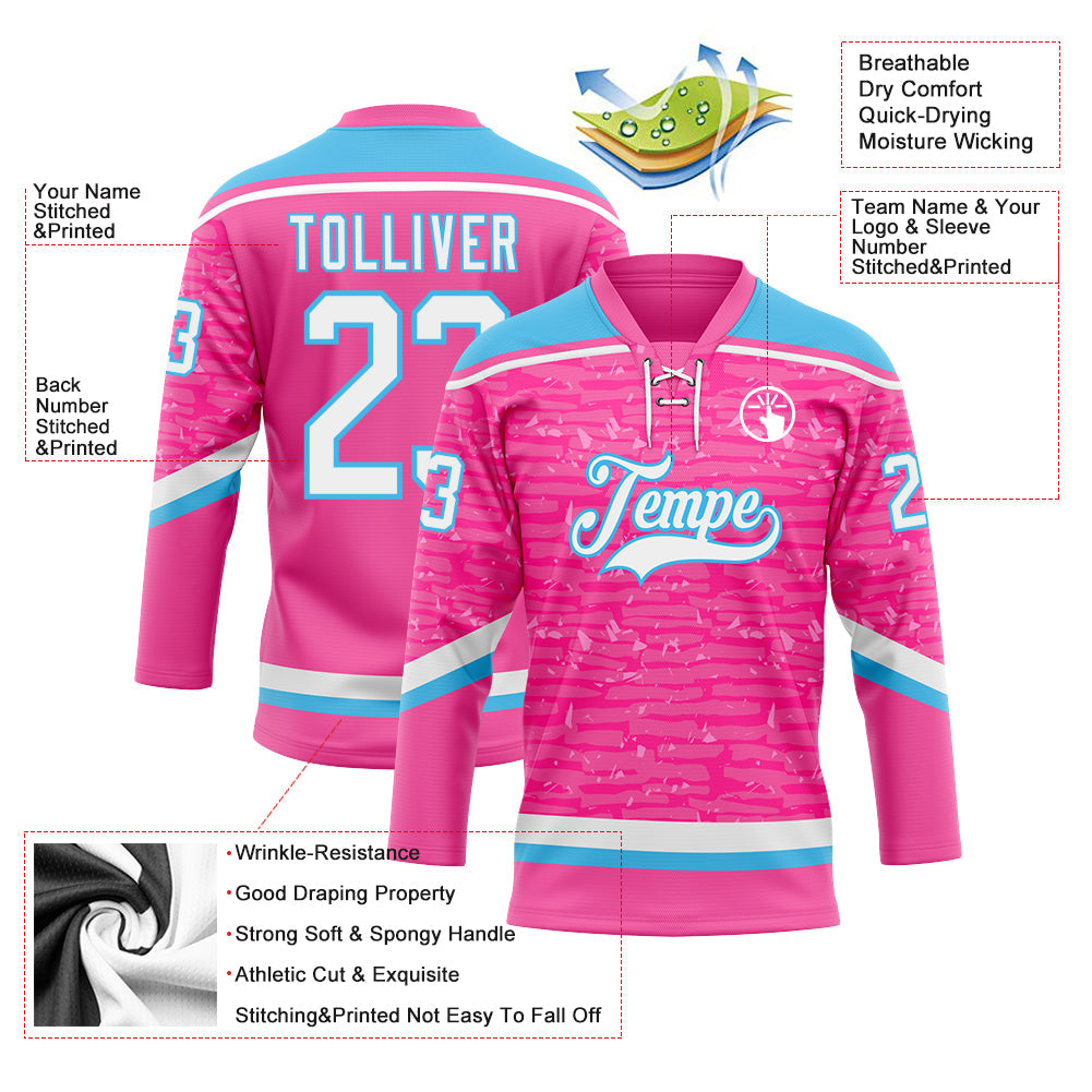 Custom Pink White-Sky Blue 3D Pattern Fragment Art Hockey Lace Neck Jersey view 3