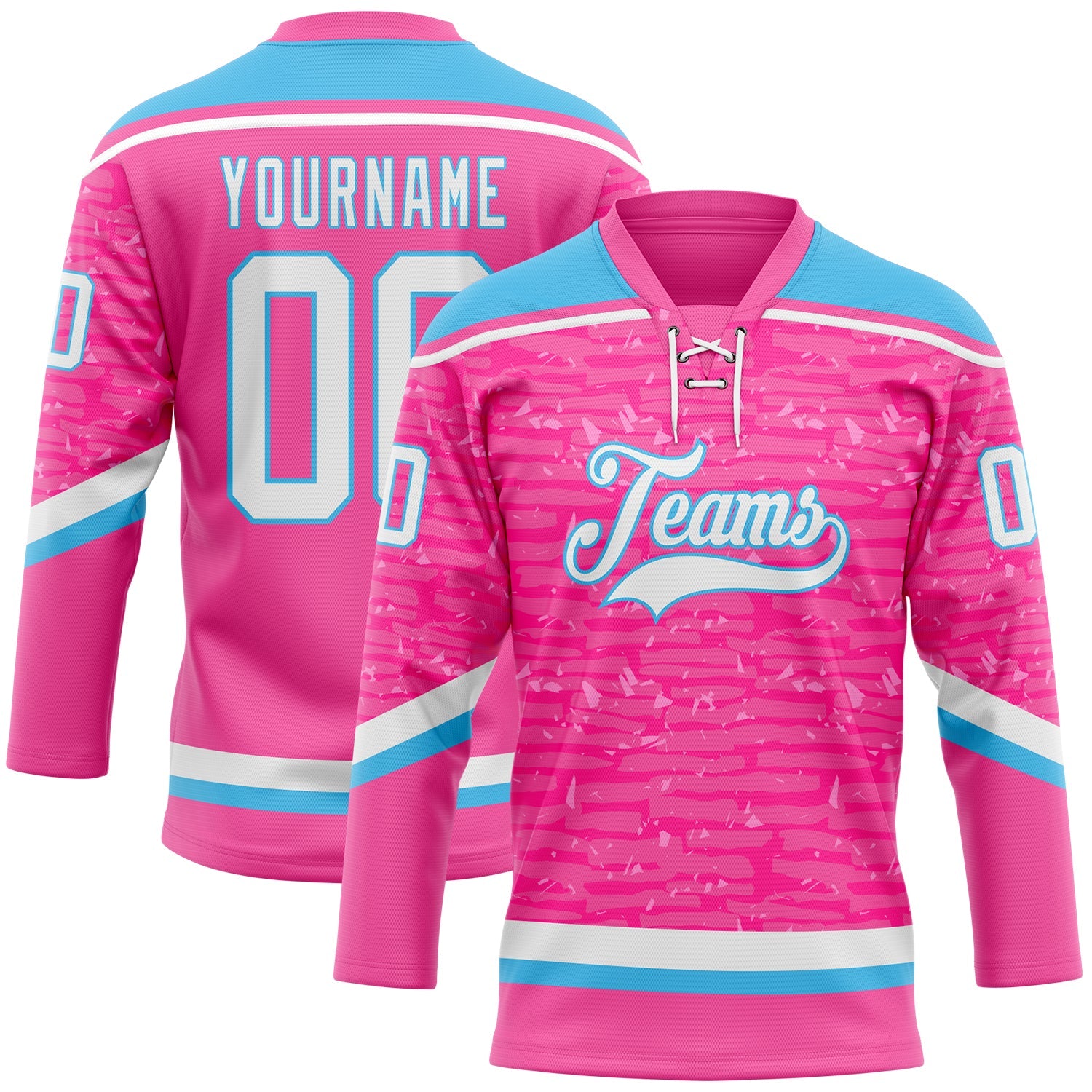 Custom Pink White-Sky Blue 3D Pattern Fragment Art Hockey Lace Neck Jersey - Main View