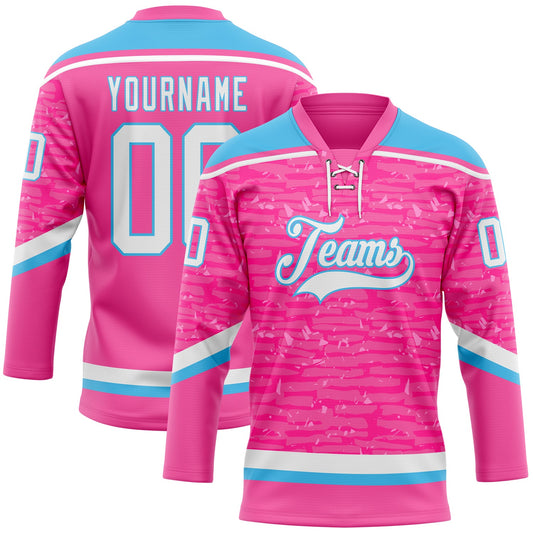 Custom Pink White-Sky Blue 3D Pattern Fragment Art Hockey Lace Neck Jersey - Main View