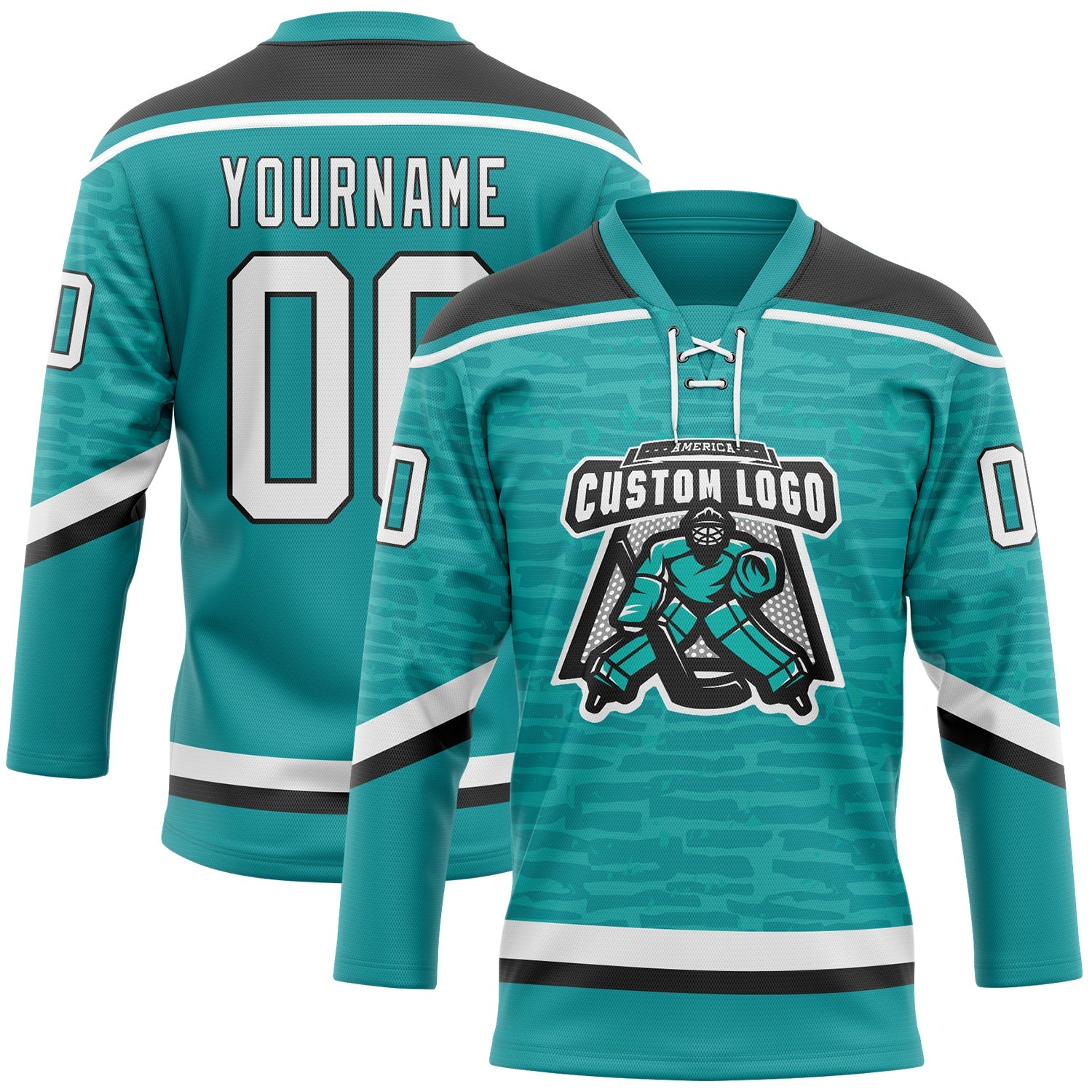 Custom Teal White-Black 3D Pattern Fragment Art Hockey Lace Neck Jersey view 2