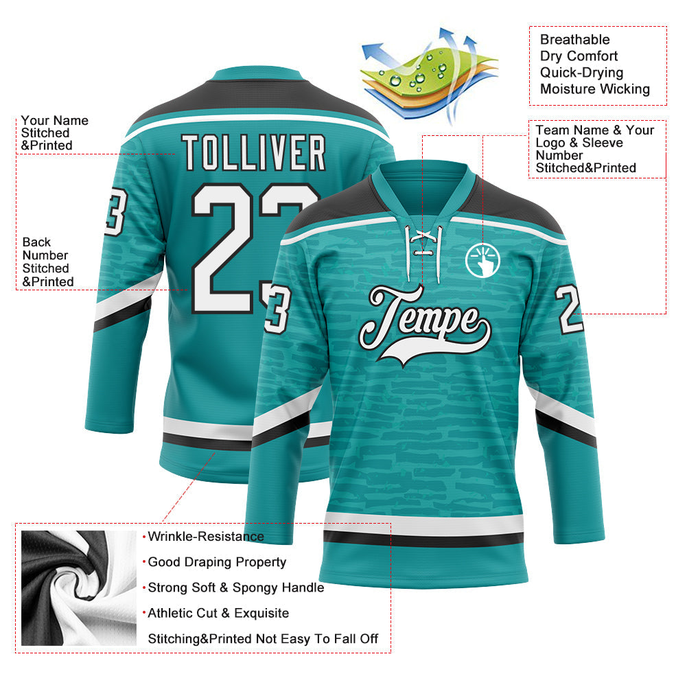 Custom Teal White-Black 3D Pattern Fragment Art Hockey Lace Neck Jersey view 3