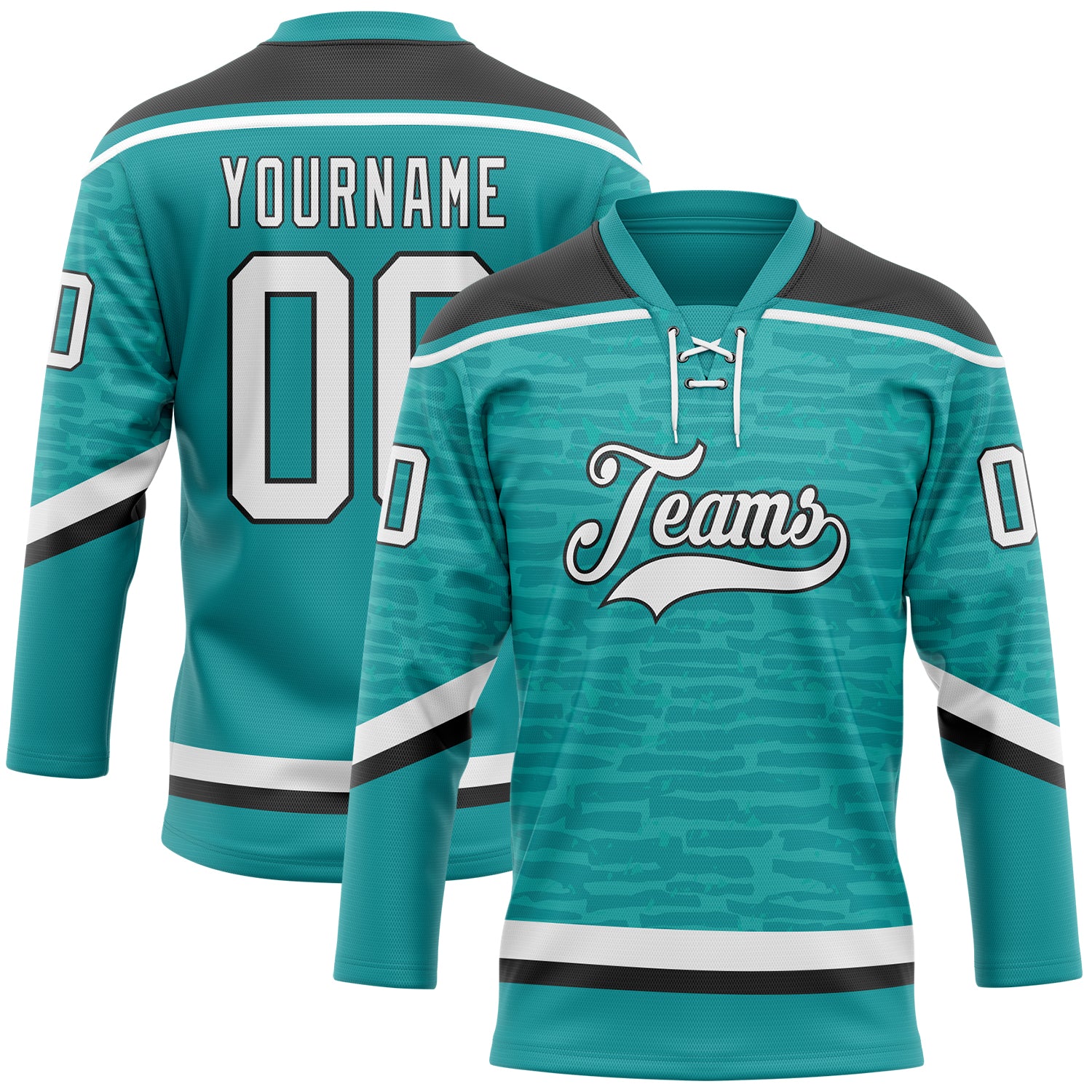 Custom Teal White-Black 3D Pattern Fragment Art Hockey Lace Neck Jersey - Main View