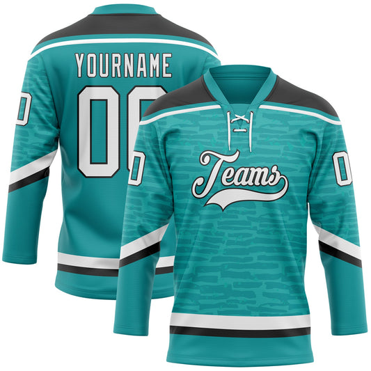 Custom Teal White-Black 3D Pattern Fragment Art Hockey Lace Neck Jersey - Main View