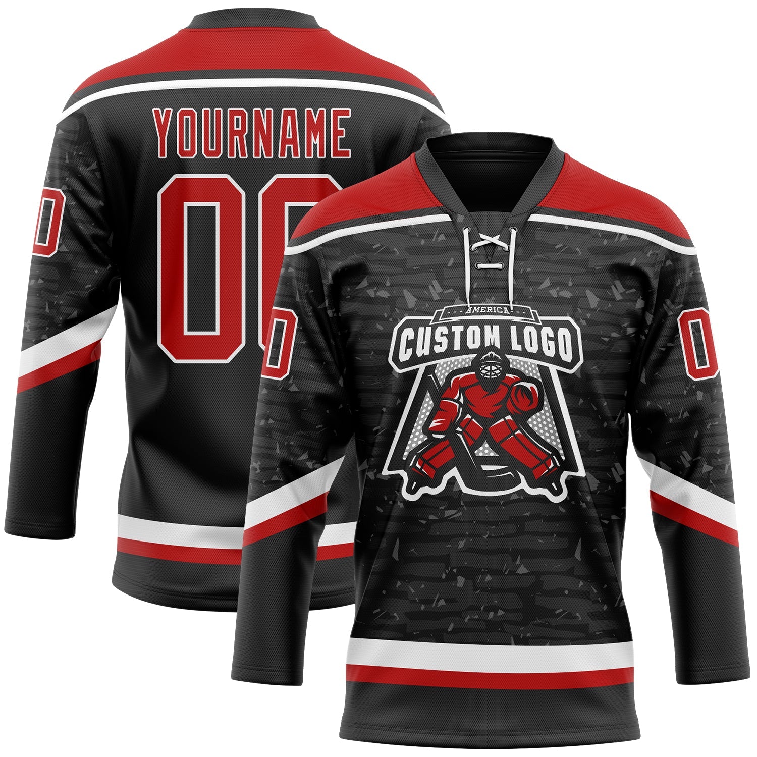 Custom Black Red-White 3D Pattern Fragment Art Hockey Lace Neck Jersey view 2