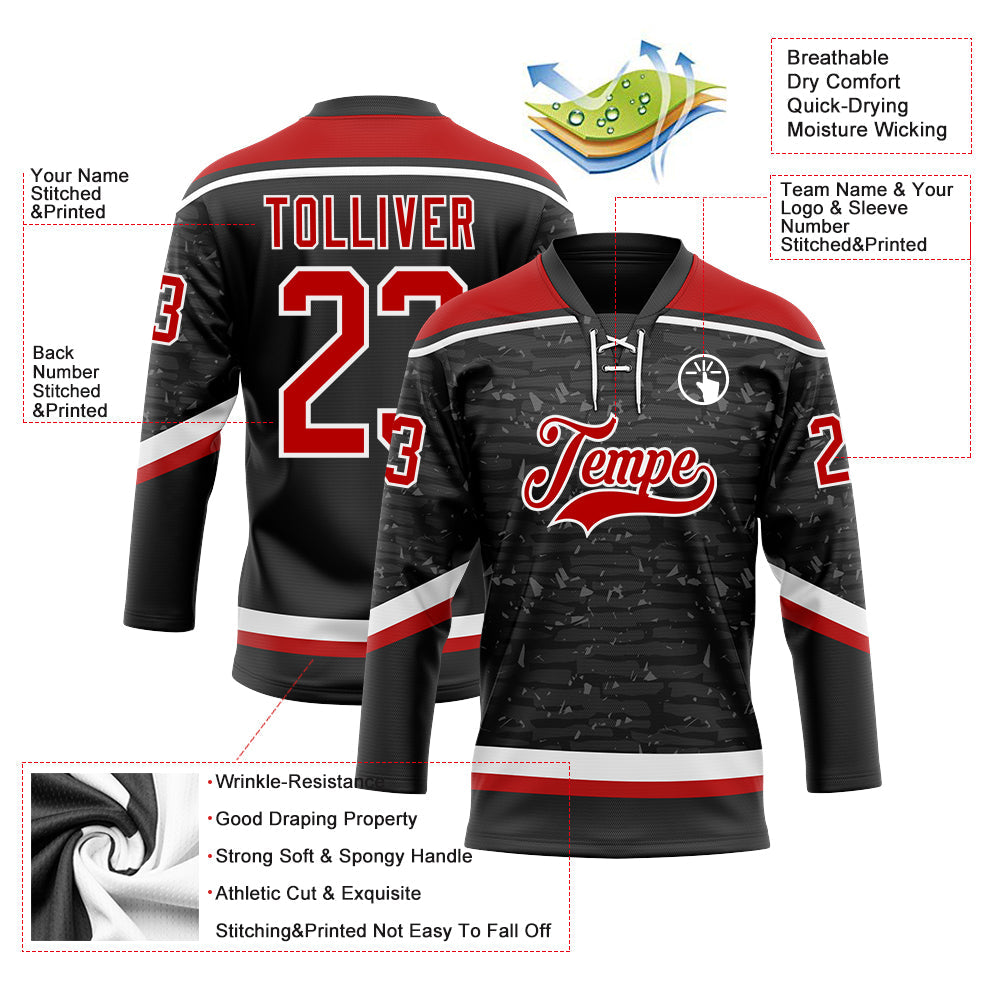 Custom Black Red-White 3D Pattern Fragment Art Hockey Lace Neck Jersey view 3