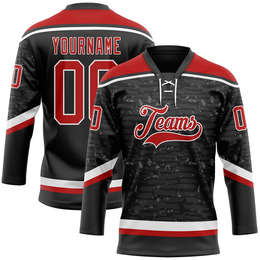 Custom Black Red-White 3D Pattern Fragment Art Hockey Lace Neck Jersey - Main View