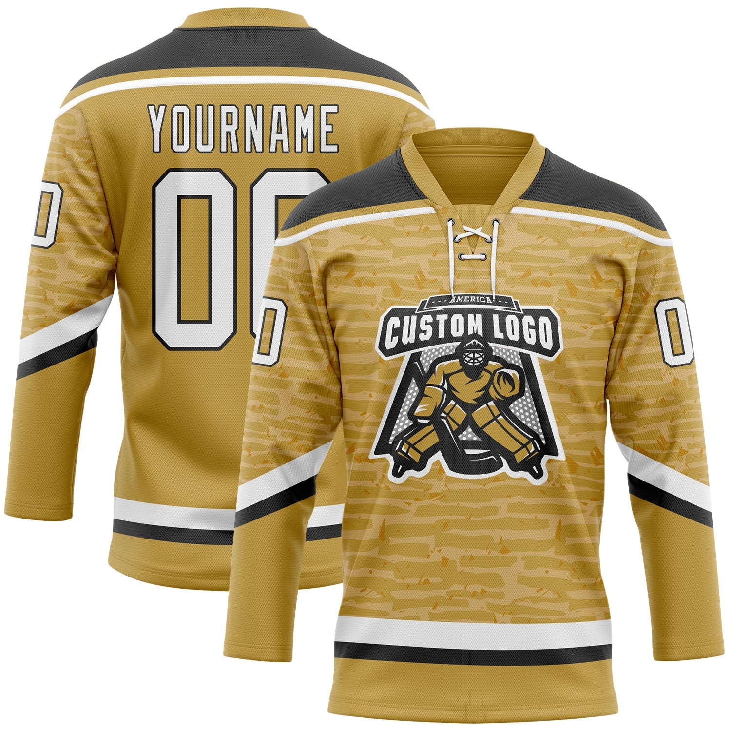 Custom Old Gold White-Black 3D Pattern Fragment Art Hockey Lace Neck Jersey view 2