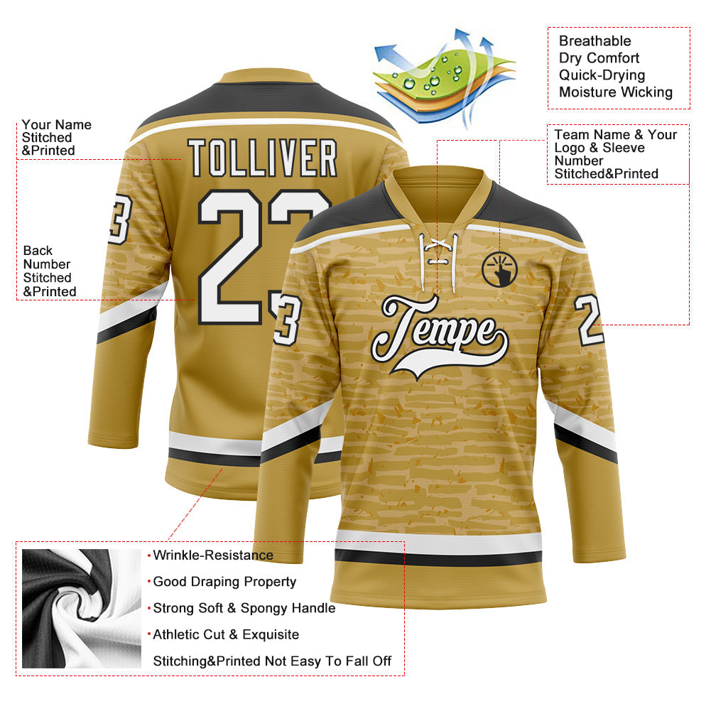 Custom Old Gold White-Black 3D Pattern Fragment Art Hockey Lace Neck Jersey view 3