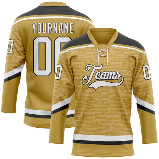 Custom Old Gold White-Black 3D Pattern Fragment Art Hockey Lace Neck Jersey - Main View