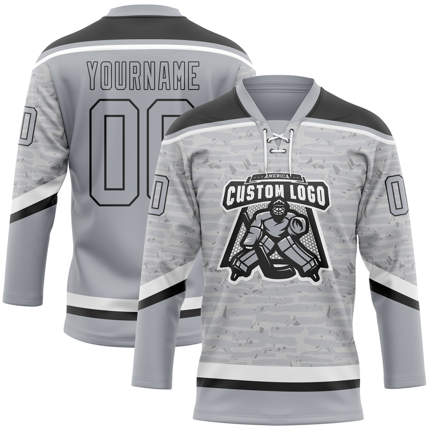 Custom Gray Black-White 3D Pattern Fragment Art Hockey Lace Neck Jersey view 2