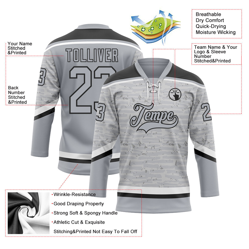 Custom Gray Black-White 3D Pattern Fragment Art Hockey Lace Neck Jersey view 3