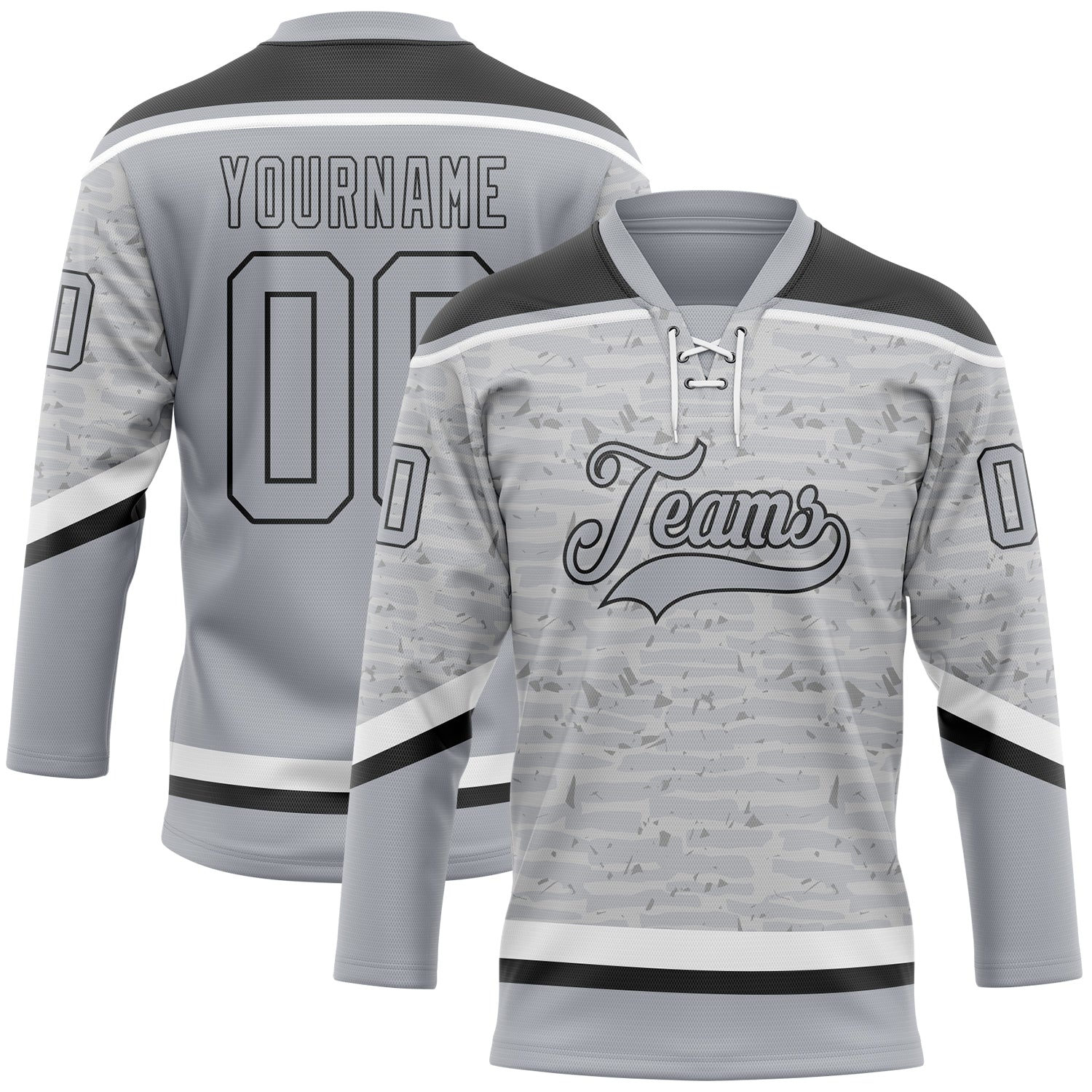 Custom Gray Black-White 3D Pattern Fragment Art Hockey Lace Neck Jersey - Main View