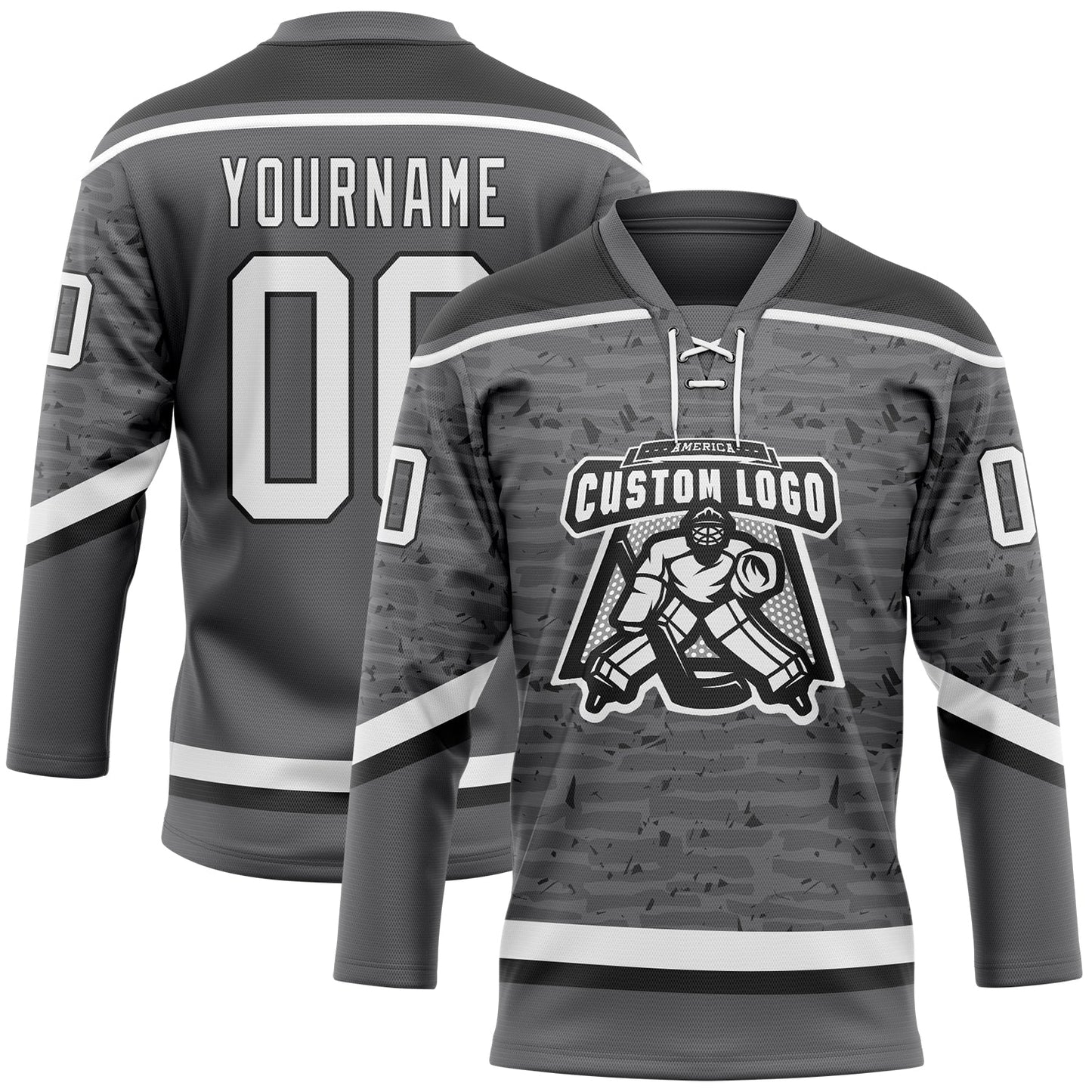Custom Steel Gray White-Black 3D Pattern Fragment Art Hockey Lace Neck Jersey view 2