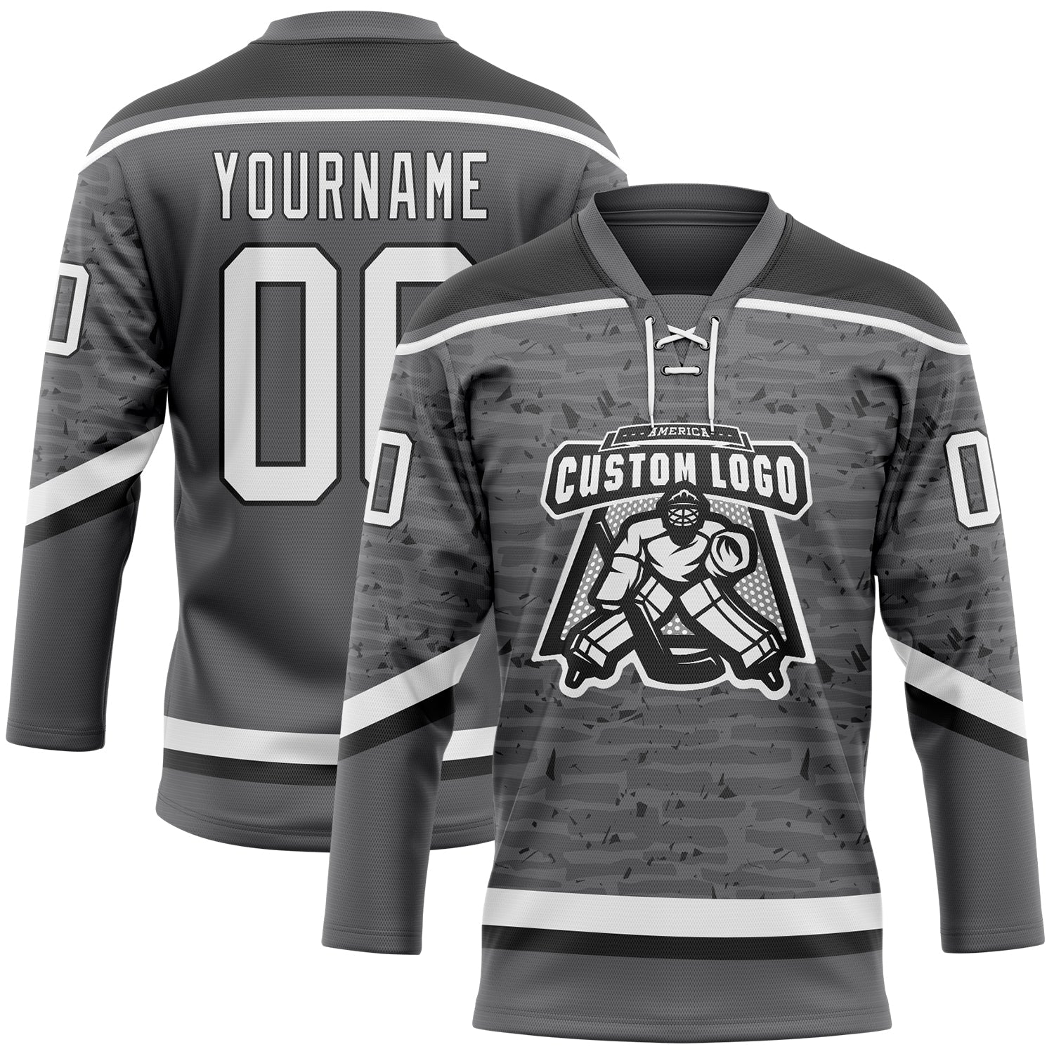 Custom Steel Gray White-Black 3D Pattern Fragment Art Hockey Lace Neck Jersey view 2