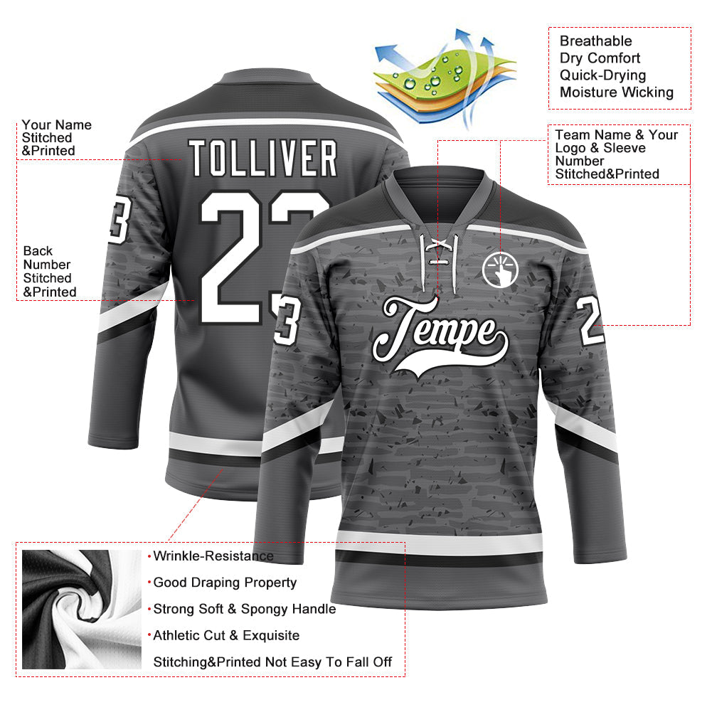 Custom Steel Gray White-Black 3D Pattern Fragment Art Hockey Lace Neck Jersey view 3