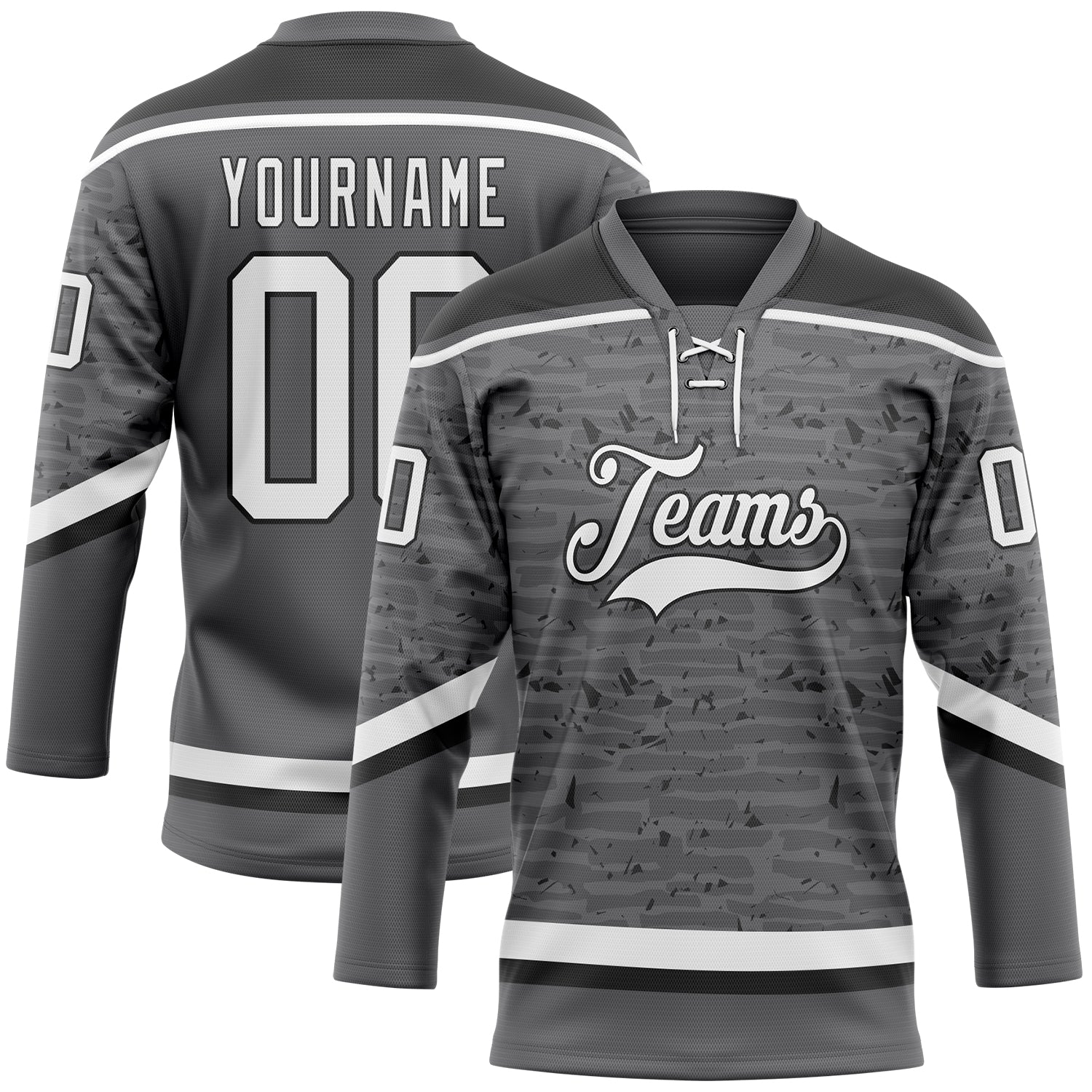 Custom Steel Gray White-Black 3D Pattern Fragment Art Hockey Lace Neck Jersey - Main View