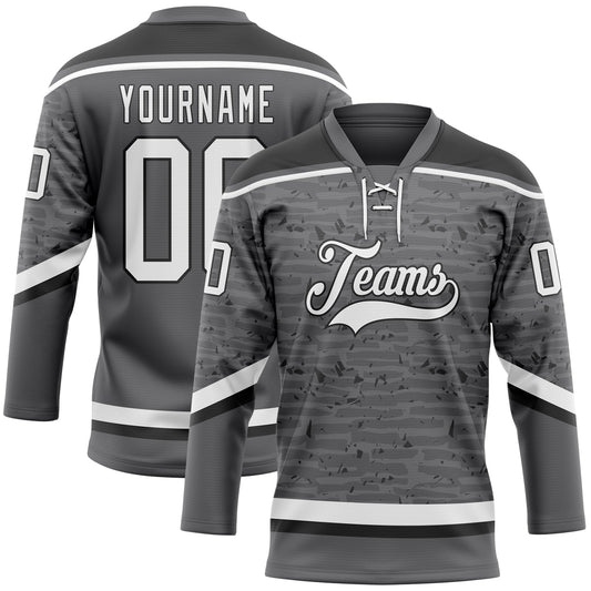 Custom Steel Gray White-Black 3D Pattern Fragment Art Hockey Lace Neck Jersey - Main View