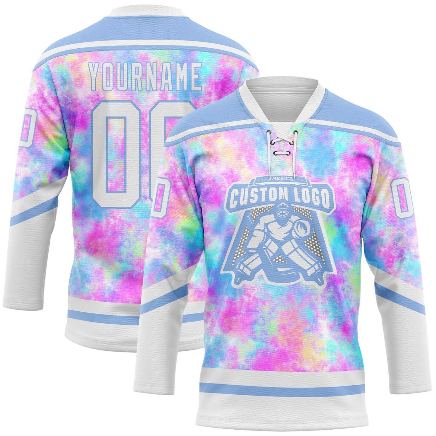 Custom Tie Dye White-Light Blue 3D Pattern Spalsh Art Hockey Lace Neck Jersey view 2
