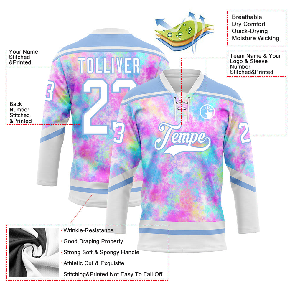 Custom Tie Dye White-Light Blue 3D Pattern Spalsh Art Hockey Lace Neck Jersey view 3