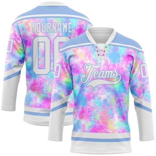 Custom Tie Dye White-Light Blue 3D Pattern Spalsh Art Hockey Lace Neck Jersey - Main View