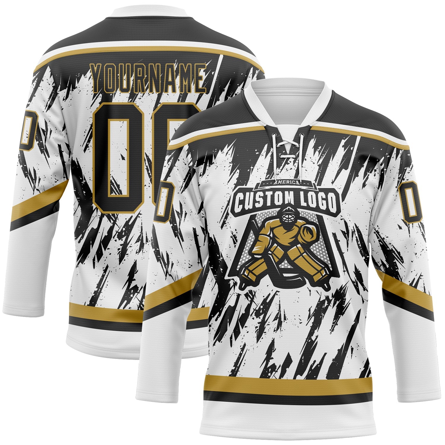 Custom White Black-Old Gold 3D Pattern Splash Art Hockey Lace Neck Jersey view 2