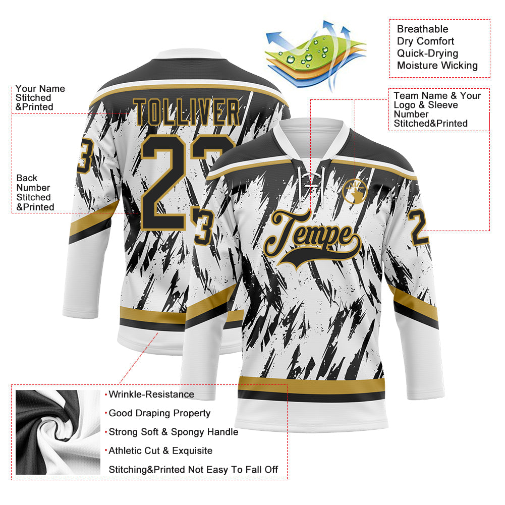 Custom White Black-Old Gold 3D Pattern Splash Art Hockey Lace Neck Jersey view 3