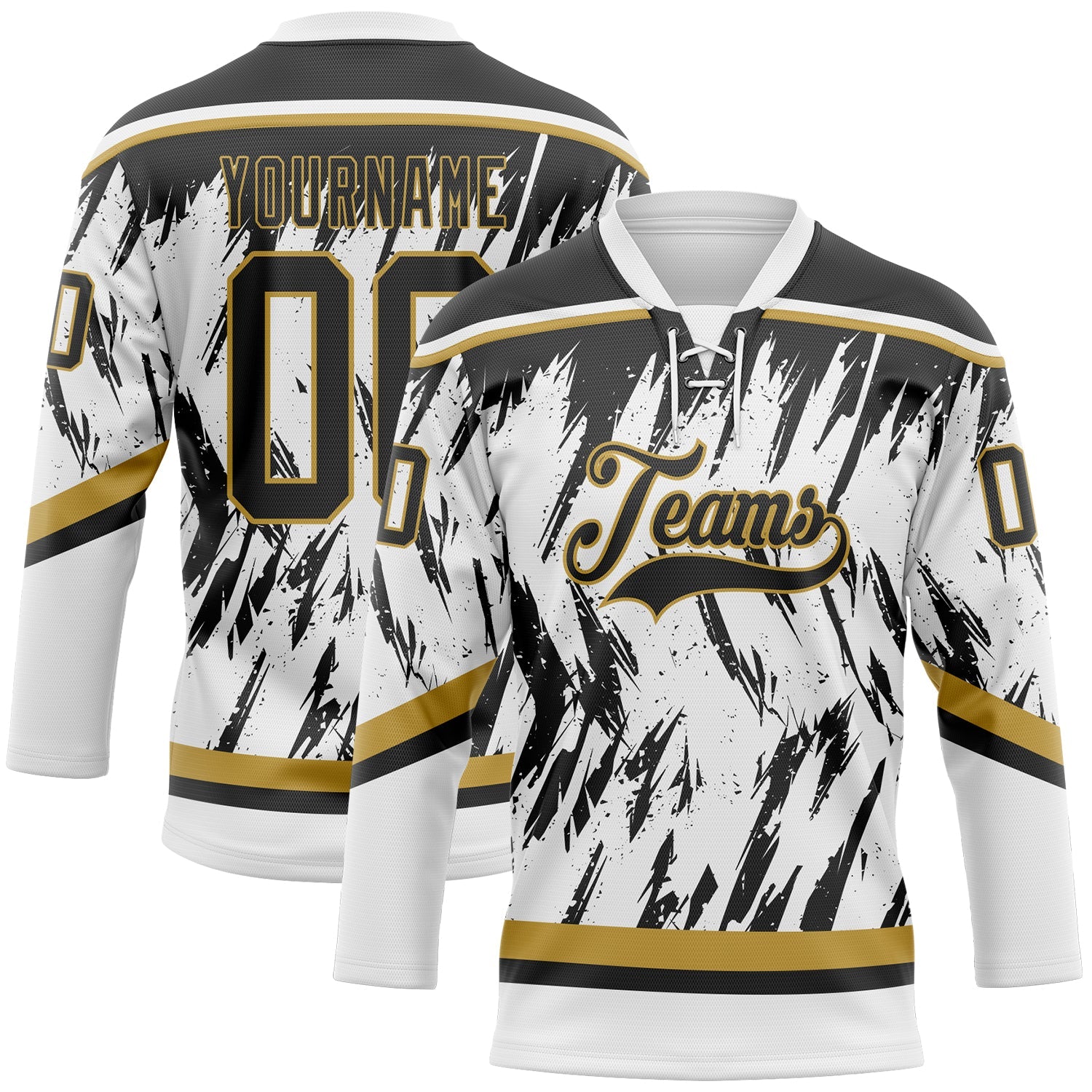 Custom White Black-Old Gold 3D Pattern Splash Art Hockey Lace Neck Jersey - Main View