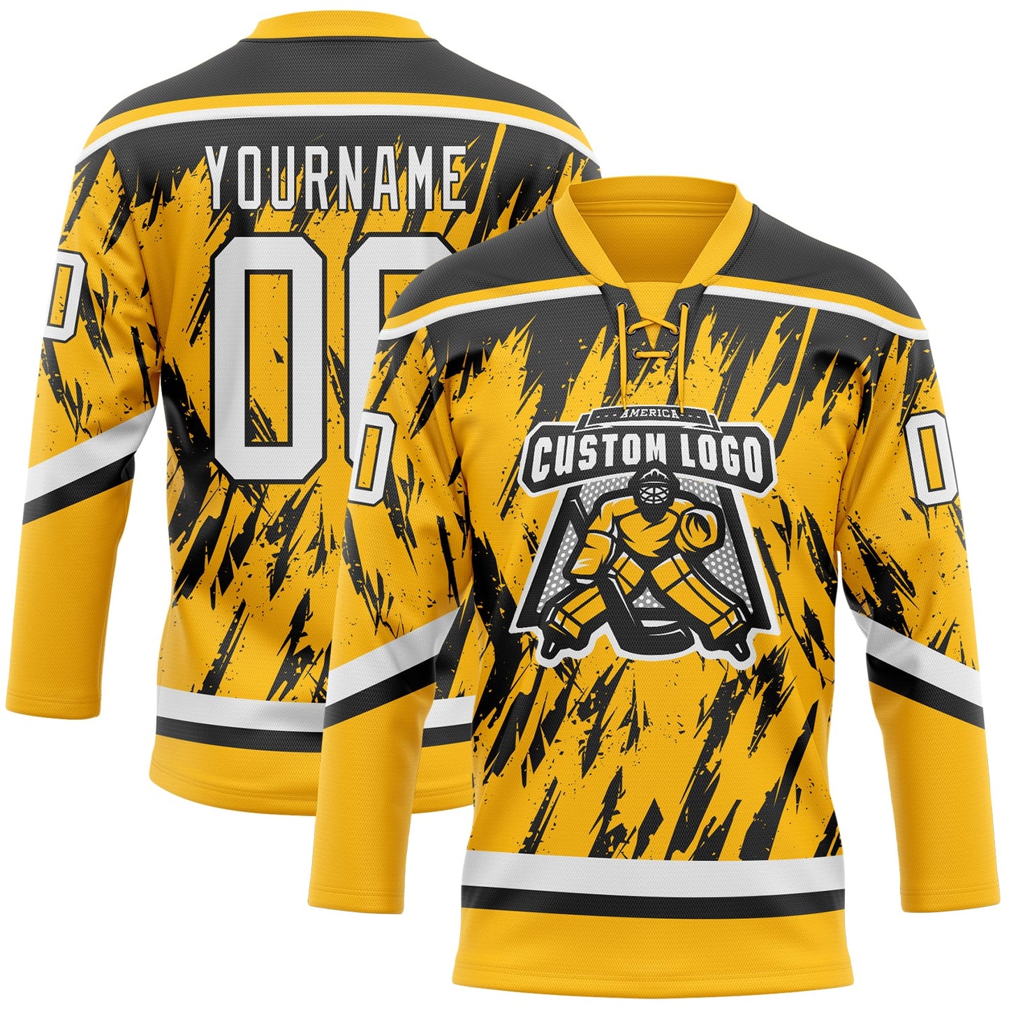 Custom Gold White-Black 3D Pattern Splash Art Hockey Lace Neck Jersey view 2