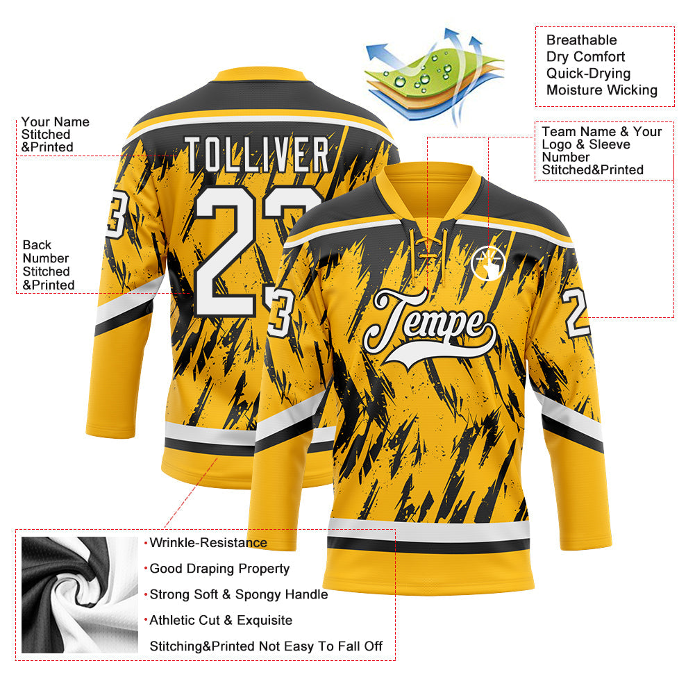 Custom Gold White-Black 3D Pattern Splash Art Hockey Lace Neck Jersey view 3