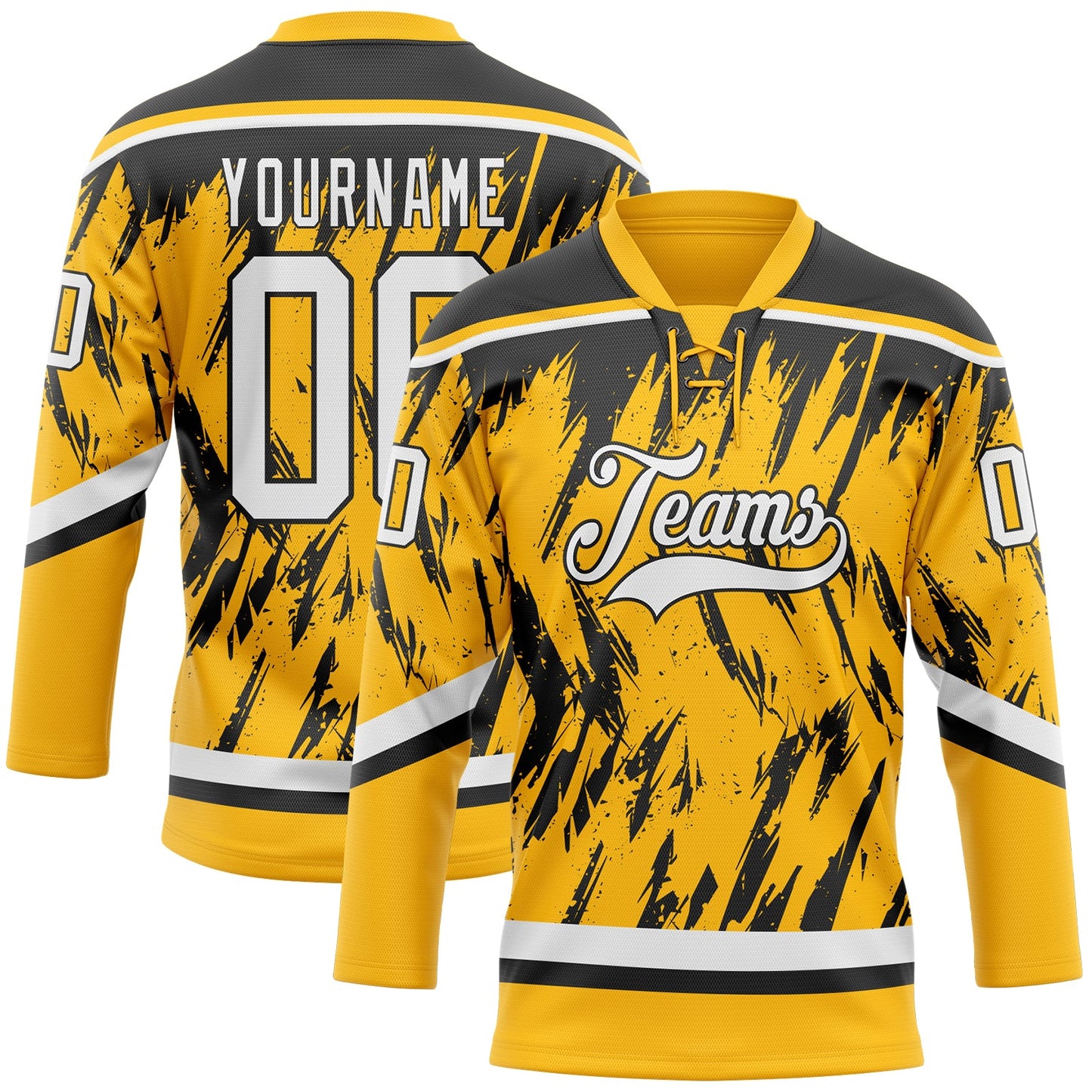 Custom Gold White-Black 3D Pattern Splash Art Hockey Lace Neck Jersey - Main View
